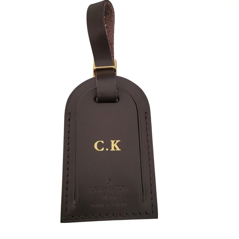 Louis Vuitton Luggage Tag Macassar Brown Leather Gold Initial C.K Made in France
